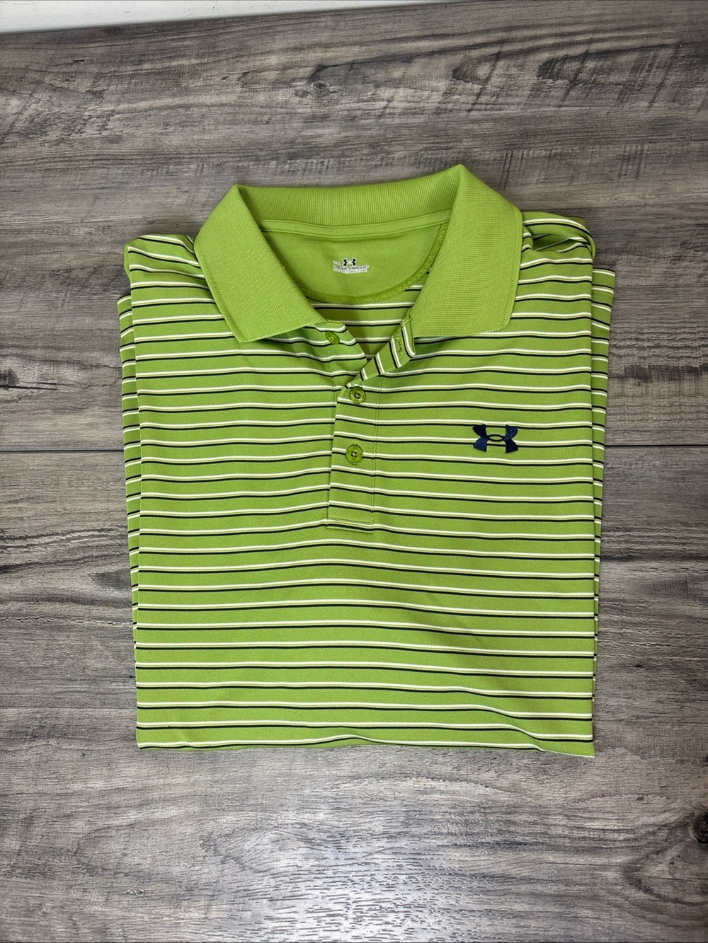 Under Armour Men’s Lime Green Striped Polo with Navy Logo 2XL
